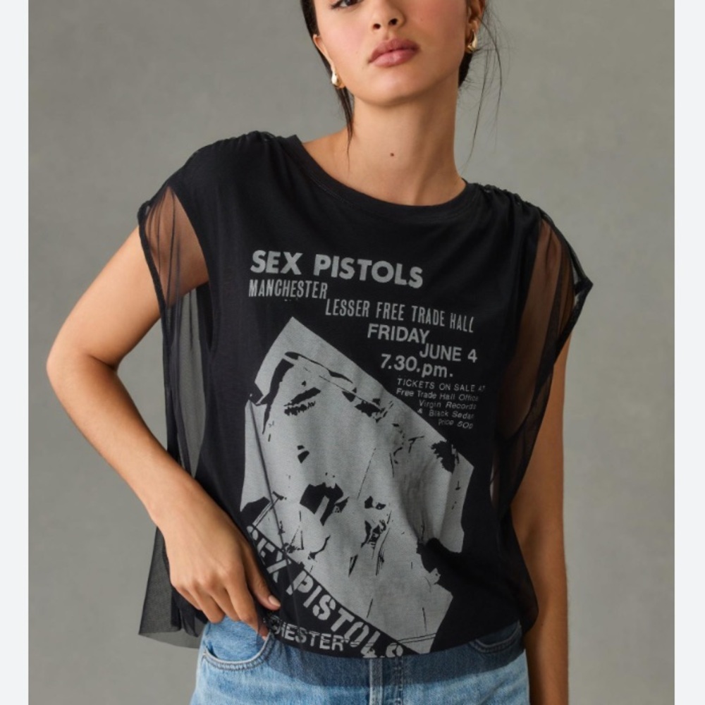 Pilcro Anthropologie Graphic Band Tulle Tee Sex Pistols Band Tee size S